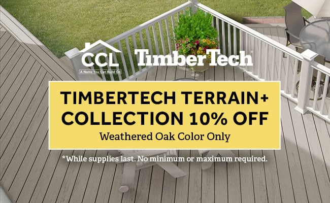 TimberTech Terrain+ Collection 10% Off - Weathered Oak Color and Decking Discounted Only